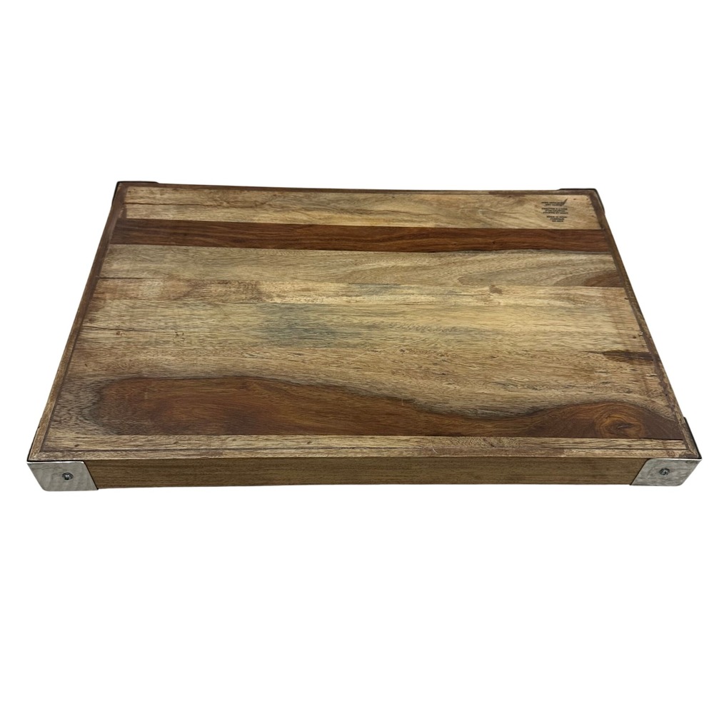 Modern Industrial Wood Serving Tray with Silver Metal Handles Corner Brackets - Picture 2 of 6